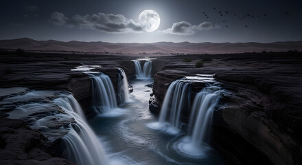 Serene Moonlight Waterfall Cascading Through Rocky Ravines Under a Dramatic, Cloud-Streaked Night Sky
