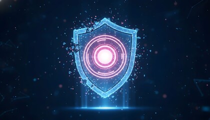 A glowing digital shield with a central circular target, representing cybersecurity and data protection in a futuristic abstract background.