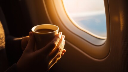 Hands holding coffee cup near airplane window with morning light, airplane travel concept