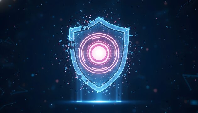 A glowing digital shield with a central circular target, representing cybersecurity and data protection in a futuristic abstract background.