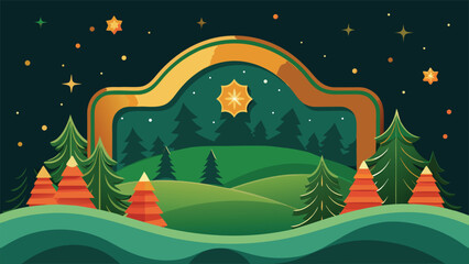 A wintery Christmas backdrop showcasing evergreen trees adorned with bright lights, enhancing the seasonal charm..eps