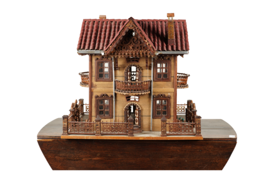 Miniature Wooden House Model with Detailed Carvings