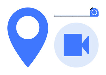 Blue location marker, record button icon, and tape measure represent navigation, media, and precision. Ideal for technology, education, mapping, entertainment measurement online tools