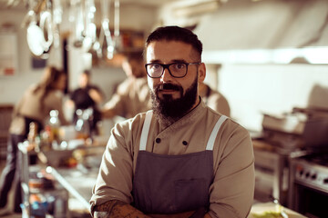 Adult male chef posing confidently in restaurant kitchen
