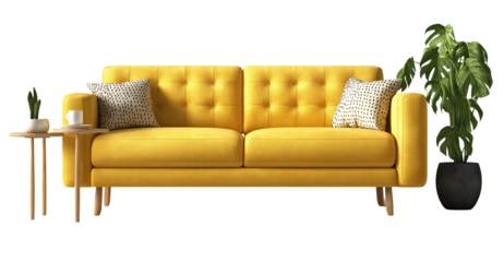 Yellow Tufted Sofa with Plant and Side Table isolated on a transparent background