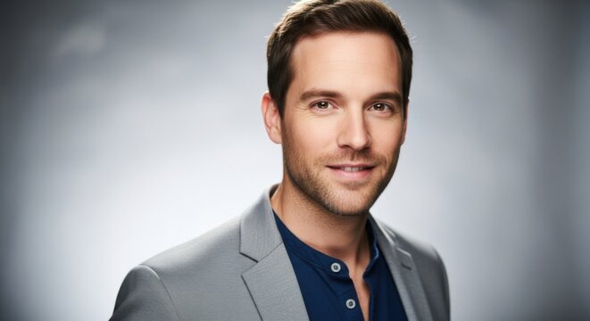 Professional young man in grey suit with confident smile in studio