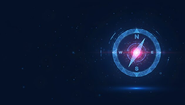 Digital compass illustration with glowing elements, representing navigation and direction on a dark background. - Powered by Adobe