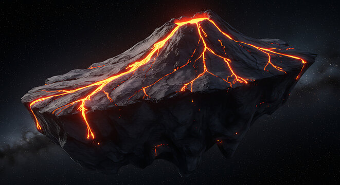 Fantasy Floating Asteroid Volcano with Lava Cracks