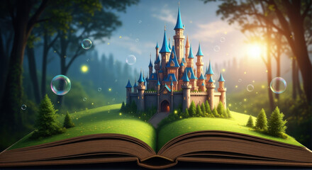 Naklejka premium Enchanted Castle Emerges from Open Storybook