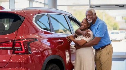 Two elderly people  stand smiling and embracing beside red car at dealership, in blue polo and khaki, other in light dress, conveying joyful car purchase experience