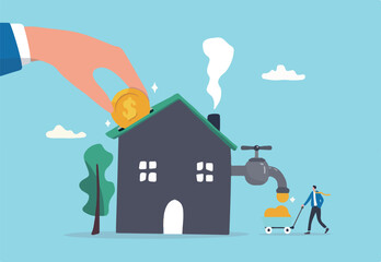 Property or real estate investment, buy a house for rental profit, ROI, return on investment or mortgage, house ownership or investing opportunity concept, businessman hand put coin with money return.