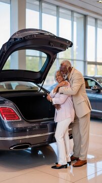 Two elderly individuals stand next to luxury cars open trunk, smiling and embracing, in brightly lit showroom, conveying joy and satisfaction, celebratory moment, new beginnings