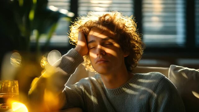 Morning after party, young adult holding head on sofa, blinds leaking harsh sunlight, empty glasses on table, headache mood, with copy space