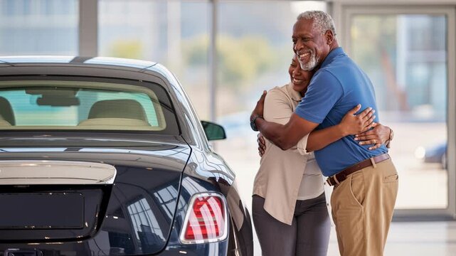 Two joyful adults embrace amidst bright car dealership, celebrating their new black luxury vehicle purchase, evoking happiness and excitement, celebratory, new car