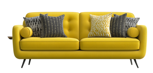 Yellow tufted sofa with patterned cushions isolated on a transparent background