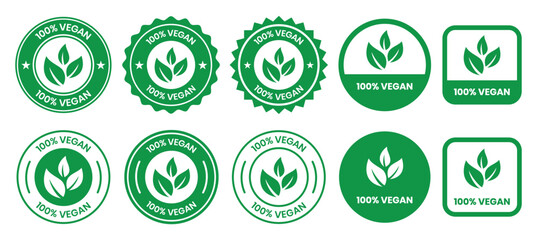 Vegan food icon set badge sign. Bio, Ecology, Organic logos and badges, label, tag. Green leaf on white background. Vector illustration. Vegan food logo, label, sign, badge, symbol, banner.
