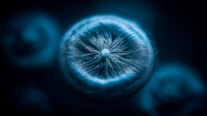A detailed single cell structure concept showcasing radial filaments surrounding a central core, symbolizing biological organization and microscopic precision.
