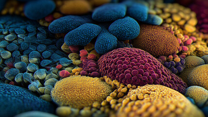 A microscopic organism cluster concept showing dense rounded formations with varied textures, symbolizing biological growth, diversity, and evolutionary processes.
