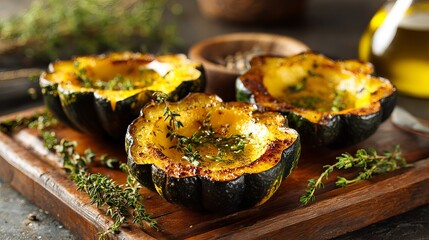 Delicious roasted acorn squash halves seasoned with thyme, perfect for healthy autumn meals or Thanksgiving side dishes, bringing vibrant color to your table