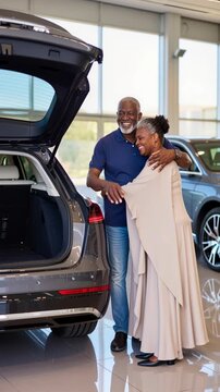 Two elderly  individuals share joyful embrace in car dealership, standing next to open trunk, radiating contentment and smiling, with bright and welcoming atmosphere, autumn celebration