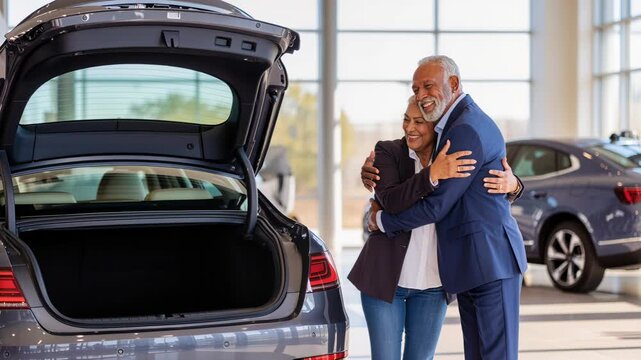 Two adult business individuals share affectionate embrace over open vehicle trunk in bright, sunlit automobile dealership, conveying optimism and positive investment discussion