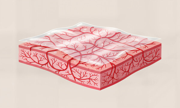 Conceptual illustration of a transdermal patch or bio-membrane covering a layer of skin tissue, emphasizing the dense underlying vascular network and capillary circulation.
