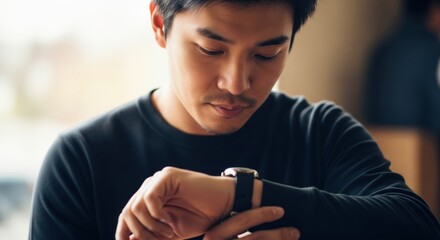 Young man focused on smartwatch checking time or notifications with concentration and dedication