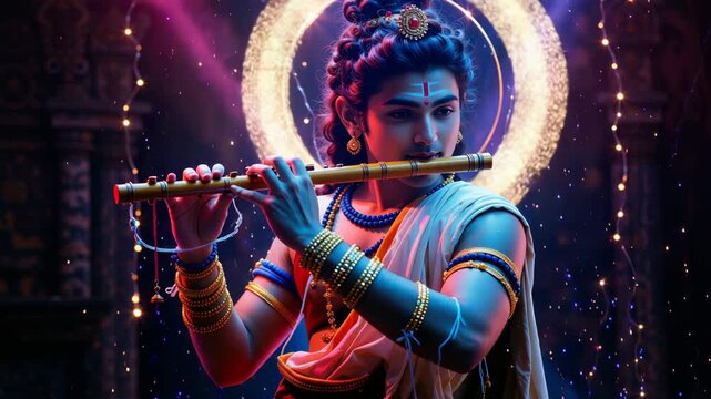 A stunning depiction of Lord Krishna playing the flute, surrounded by a mystical glow and sparkling lights. Traditional attire, vibrant colors, and spiritual ambiance evoke Hindu mythology.