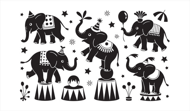 Playful Circus Elephant Vector Set with Decorations, Platforms, and Party Props