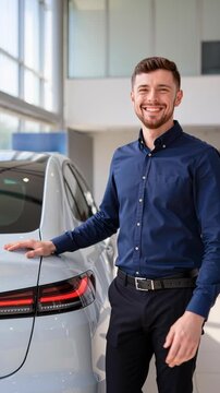 Caucasian man in dark blue shirt examines silver car in indoor showroom, appearing satisfied amidst other vehicles and natural light, conveying automotive sales, joyful purchase, premium quality