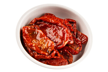 Sun-dried tomatoes snack vegetables natural product tasty snack fresh delicious gourmet food background on the table rustic top view copy space keto and paleo diet vegan and vegan food
