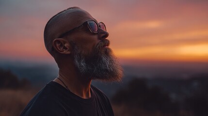 Contemplative man with beard gazing at vibrant sunset sky, feeling inspired and peaceful in nature's beauty, perfect for travel and lifestyle stories