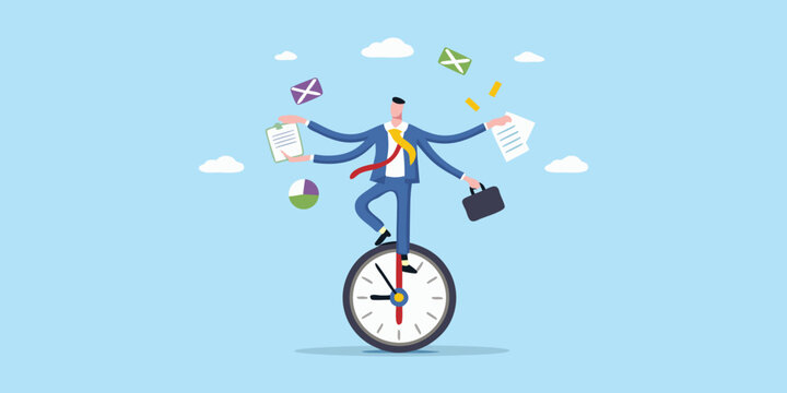 Multitasking businessman balancing on clock managing time and business tasks effectively