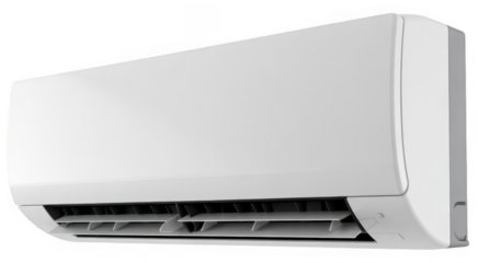 White split air conditioner unit with adjustable louvers isolated on a transparent background
