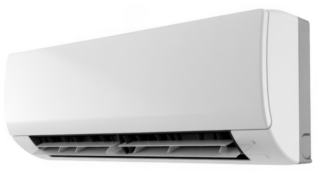 White split air conditioner unit with adjustable louvers isolated on a transparent background