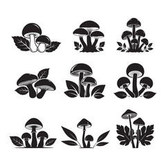 Mushroom Silhouette Vector Set, Wild Fungi Collection Botanical Illustrations, Forest Mushroom Bundle Black Silhouette Pack