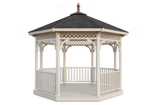 White wooden octagonal gazebo with dark grey roof and copper finial isolated on a transparent background - Powered by Adobe
