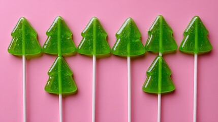 Festive green Christmas tree lollipops on pink, perfect for holiday treats and sweet promotions, delightful and sugary seasonal fun for everyone