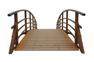 Wooden arched footbridge with wooden planks and railings isolated on a transparent background