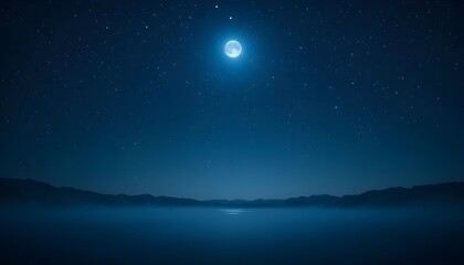 Naklejka premium “Soft glowing night sky with gentle twinkling stars, calm dark blue horizon, light mist in the air, dreamy atmosphere, subtle moonlight glow, peaceful night ambience, ultra HD cinematic look”