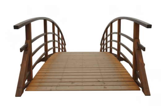 Wooden arched footbridge with wooden planks and railings isolated on a transparent background