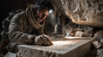 Researcher studying ancient artifacts in a dark cave with a headlamp
