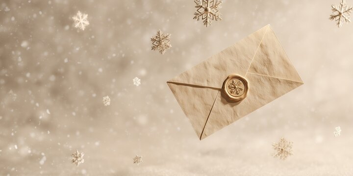 Vintage Christmas envelope with wax seal floating on snowy background