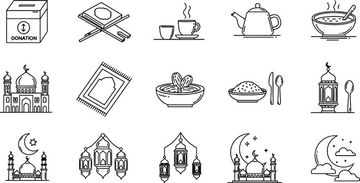 Hand drawn sketch illustration of ramadan and islamic celebration elements