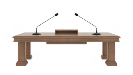 Wooden podium with two microphones and a nameplate isolated on a transparent background