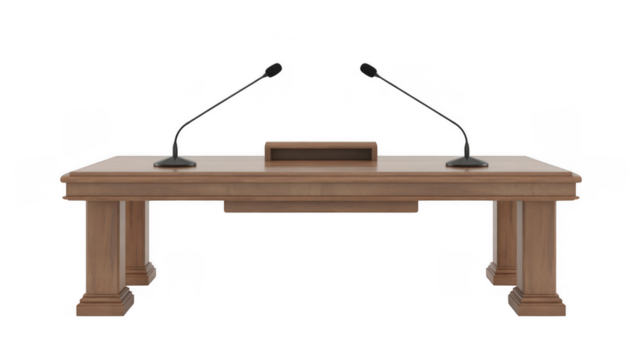 Wooden podium with two microphones and a nameplate isolated on a transparent background