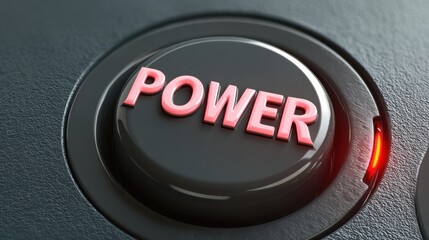 Power button with bright letters and glowing indicator on a black background