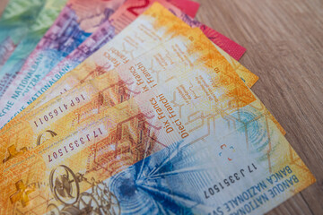 Swiss Franc banknotes in colorful layout symbolizing national currency, financial stability and...