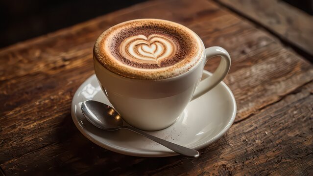 A perfectly crafted cappuccino with heart latte art on a rustic table