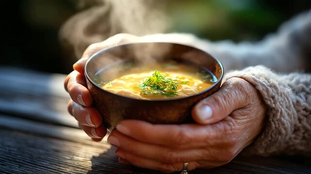 Hands cradling hot miso soup, steam rising, soft morning light on wooden table, comfort warmth, with copy space